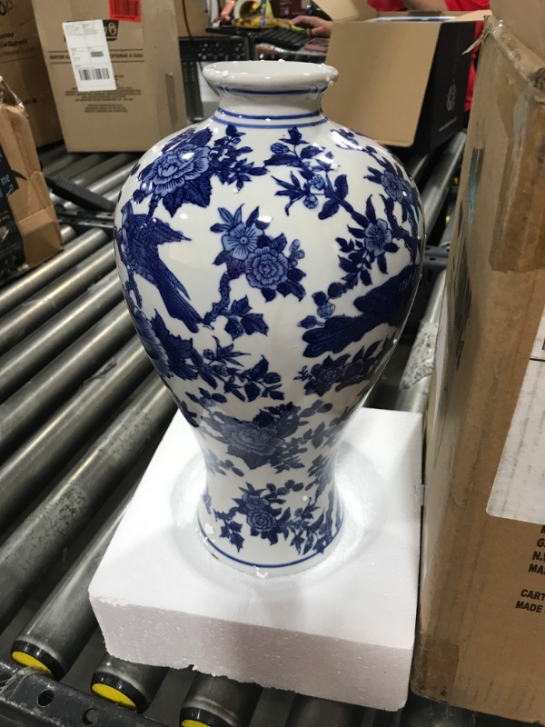 Photo 2 of A&B Home 13'' Blue White Porcelain Jar Flower Planter Pot Home Decor Vase Hand Painted Floral Print Tall Vase Asian Decorations 7" x 7" x 13"