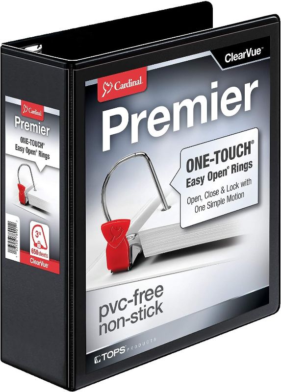 Photo 1 of Cardinal 3 Ring Binder, 3 Inch Premier Easy Open Binder, ONE-Touch Locking Slant-D Rings, 650-Sheet Capacity, ClearVue Cover, PVC-Free, Black (10331) (4 pack)