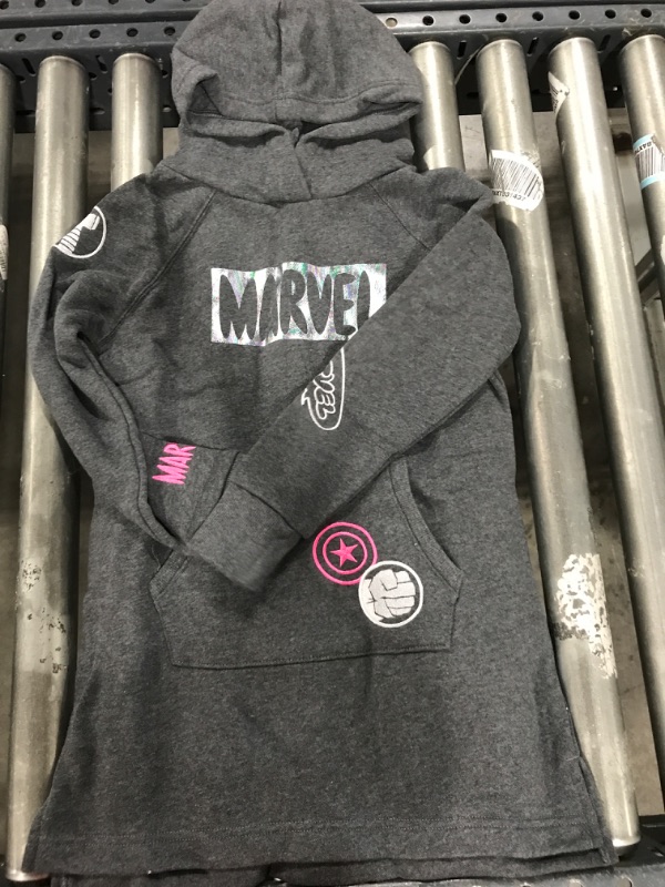 Photo 2 of Amazon Essentials Disney | Marvel | Star Wars | Frozen | Princess Girls and Toddlers' Fleece Long-Sleeve Hooded Dresses Medium Charcoal Heather, Marvel/Patches