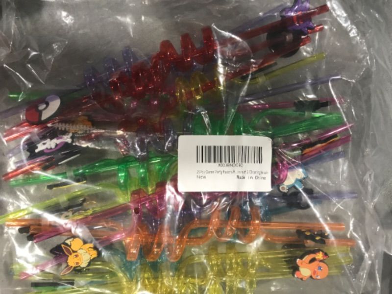 Photo 1 of 25Pcs Game Party Favors Reusable Drinking Straws, 10 Designs Birthday Party Supplies with 2 Cleaning Brush- pokemon theme 
