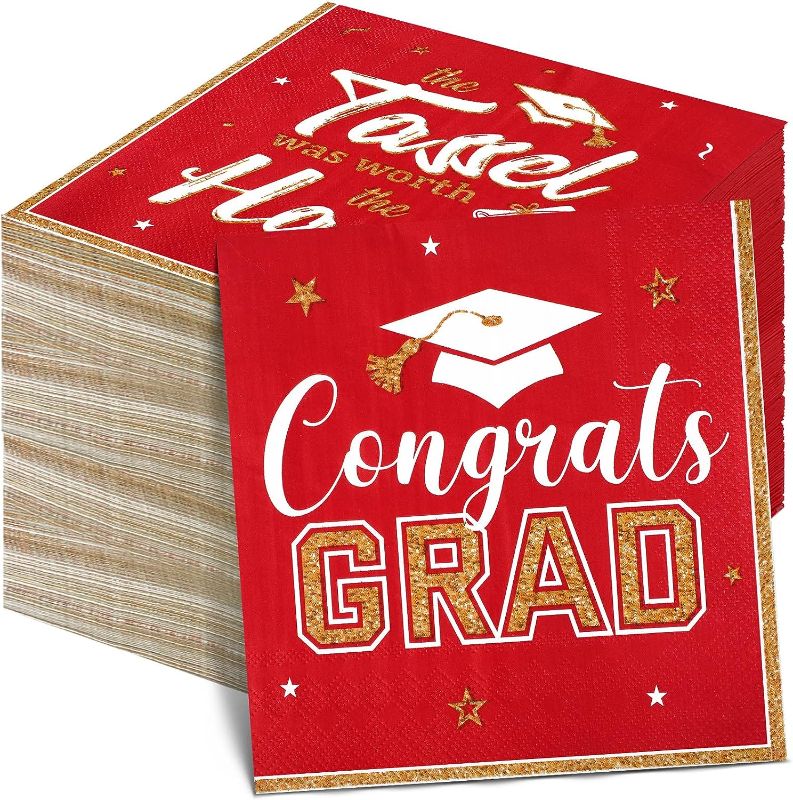 Photo 1 of 100 Pieces Graduation Napkins Bulk 2023 Congrats Grad Cocktail Napkins Disposable Paper Napkin for Class of 2023 Congratulations Graduate Celebration Prom Party Dinner Napkins, 3 Ply (Red Gold)
