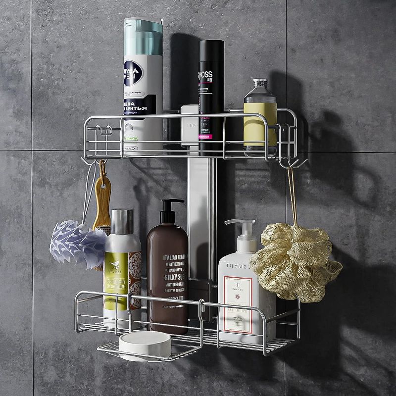 Photo 1 of 2-Pack Shower Caddy, Adhesive Shower Shelf, No Drilling Shower Organizer Movable, Rustproof Stainless Steel Shower Shelves for Inside Shower, Bathroom, Living Room, Kitchen, Toilet
