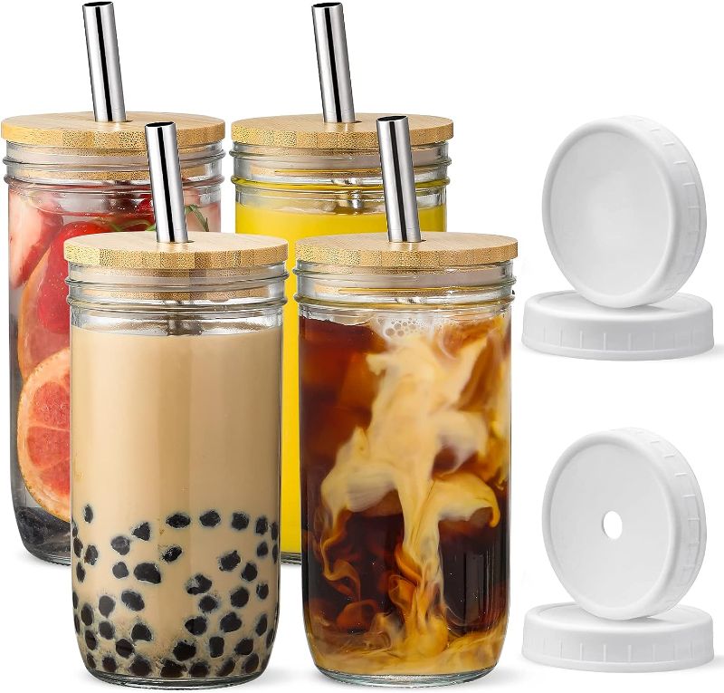 Photo 1 of [ 4 Pack ] Glass Cups Set - 24oz Mason Jar Drinking Glasses w Bamboo Lids & Straws & 2 Airtight Lids - Cute Reusable Boba Bottle, Iced Coffee Glasses, Travel Tumbler for Bubble Tea, smoothie, Juice 