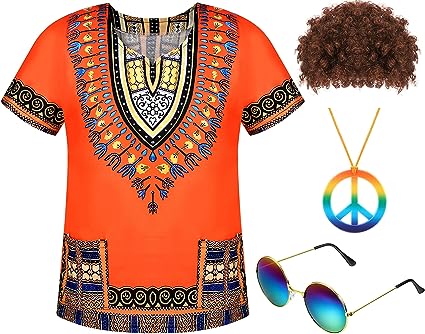 Photo 1 of 4 Pcs Hippie Costume for Mens Halloween 60s 70s 80s Cosplay T-Shirt Afro Wig Accessories Set for Party 