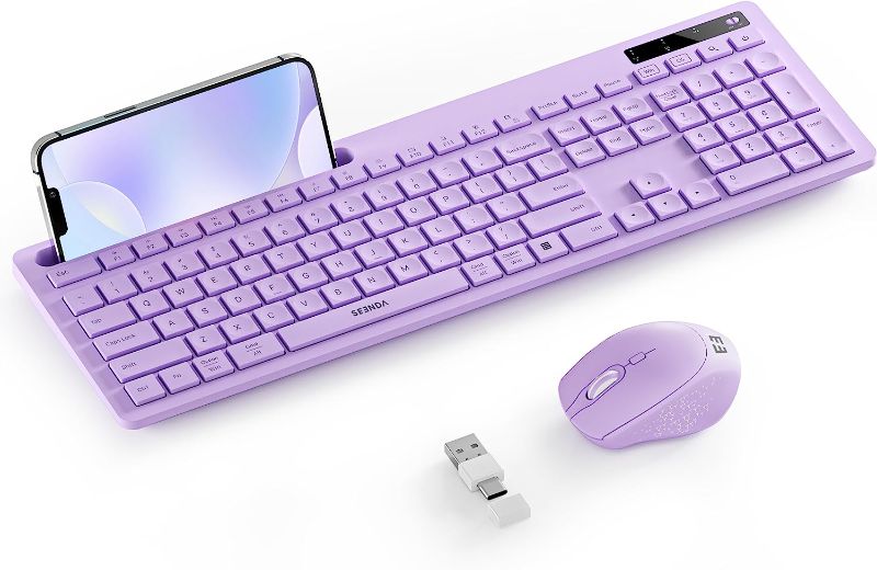 Photo 1 of Purple Keyboard and Mouse Wireless, seenda Full-Size Keyboard with Phone Holder USB A & Type C Receiver 2.4G Silent USB Keyboard Mouse Compatible for MacBook and Windows Computer/Desktop/Laptop