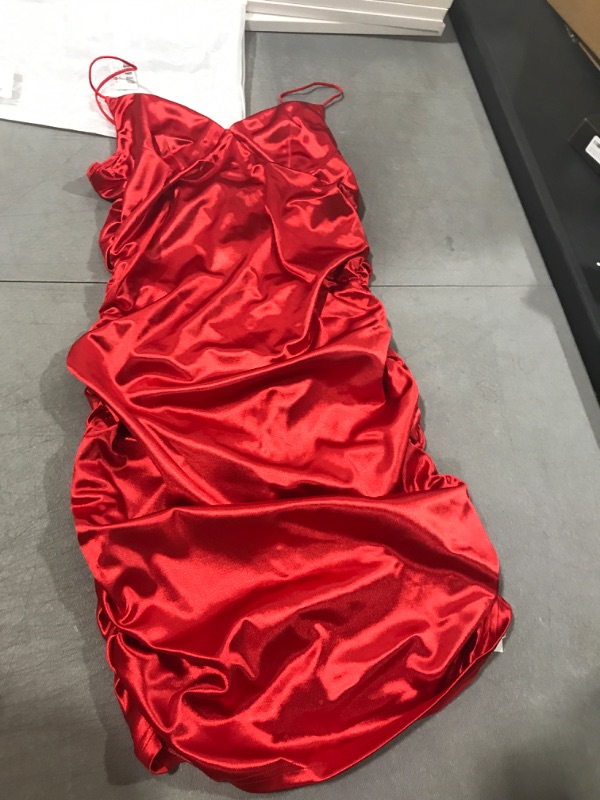 Photo 1 of Azhong Women's Sexy Sleeveless Spaghetti Strap V Neck Ruched Back Zipper Satin Tank Club Mini Dress Large Red