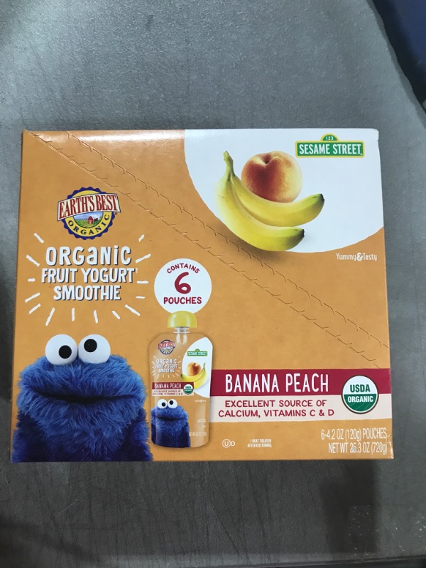 Photo 2 of (6 Pack) Earth's Best Organic Sesame Street Toddler Fruit Yogurt Smoothie, Peach Banana, 4.2 oz. Pouch