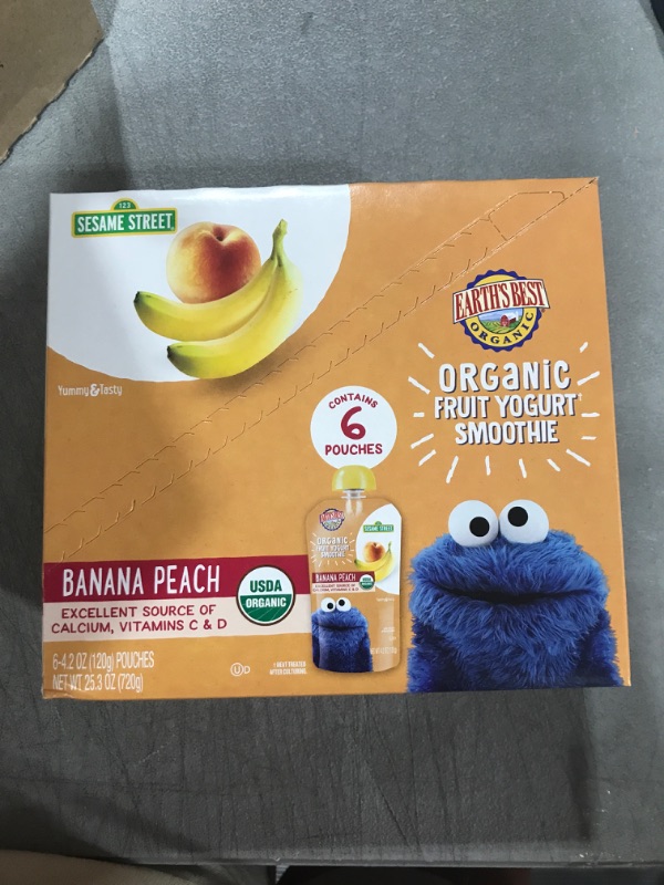 Photo 2 of (6 Pack) Earth's Best Organic Sesame Street Toddler Fruit Yogurt Smoothie, Peach Banana, 4.2 oz. Pouch