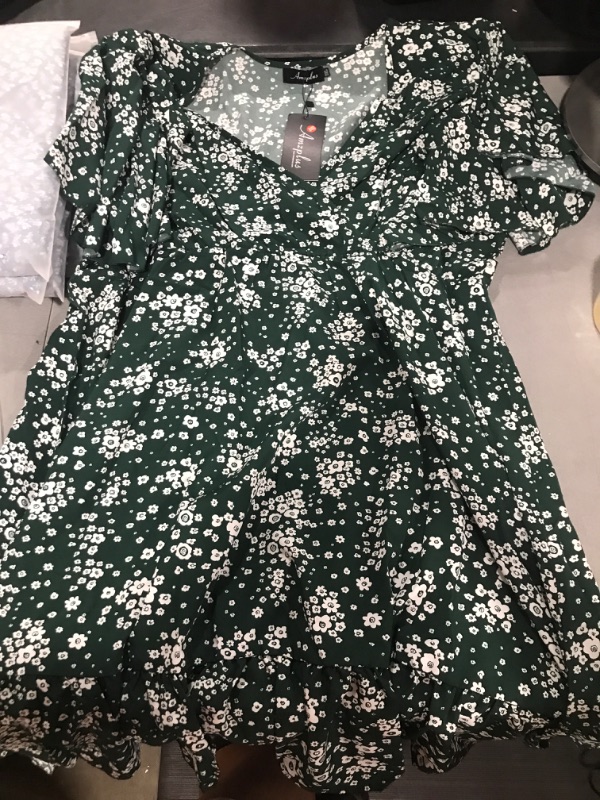 Photo 2 of AMZ PLUS Women’s 3XL Plus Size Casual Floral Dress Butterfly Sleeve Flowy Swing Boho Dress Deep Green Flower