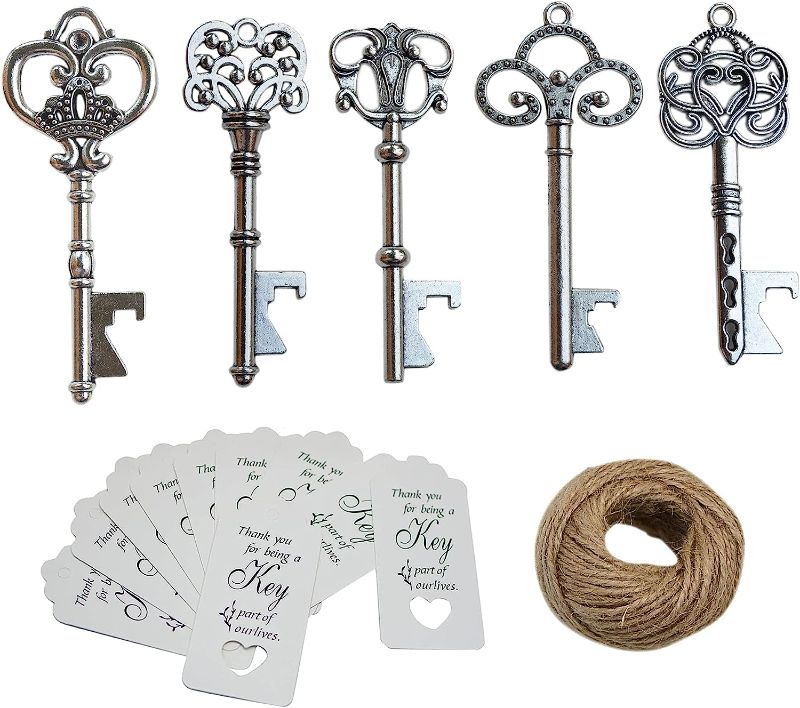 Photo 1 of 50pcs Silver Skeleton Key Beer Bottle Opener With 100 Pcs Thank You Card and 98 Feet Hemp Rope (Black-White Cards) 