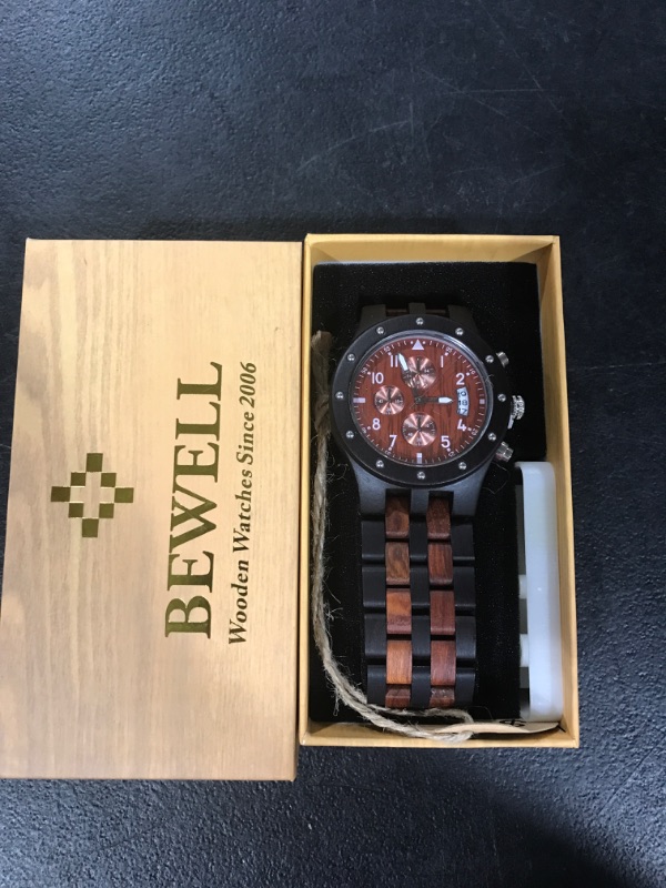 Photo 2 of BEWELL W109D Sub-dials Wooden Watch Quartz Analog Movement Date Wristwatch for Men