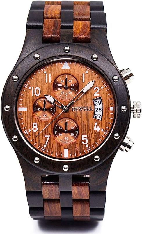 Photo 1 of BEWELL W109D Sub-dials Wooden Watch Quartz Analog Movement Date Wristwatch for Men