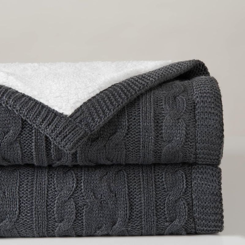 Photo 1 of --Bedfolks Cable Knit Sherpa Throw Blanket, Reversible Cozy Knitted Fleece Blankets, Thick, Soft, Warm Blanket for Couch, Sofa, Bed - 30 x 60inches Dark Grey All Season 
