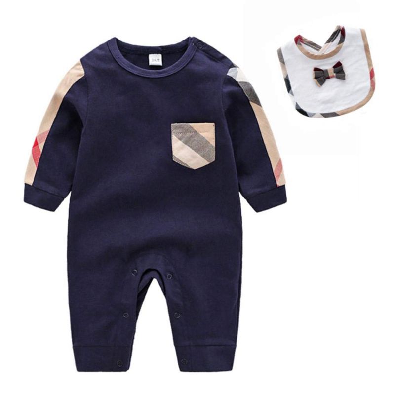 Photo 1 of Baby Long Sleeve Romper Casual Infant Lattice Jumpsuits Outfit+Bibs 2PCS Dark Blue 18-24M/95 