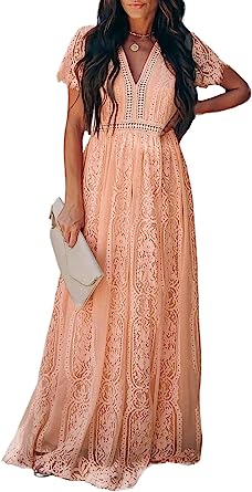 Photo 1 of BLENCOT Womens Casual Boho Floral Lace V Neck Long Evening Dress Cocktail Party Maxi Wedding Dresses small