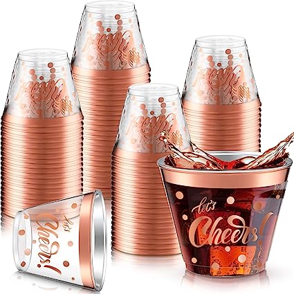 Photo 1 of 100 Pieces Cheers Plastic Cups 9 oz Clear Bachelorette Party Cups Clear Plastic Cocktail Tumbler with Gold Foil Plastic Cups for Wedding Bachelorette Party, New Years Eve, Birthday (Rose Gold Foil)