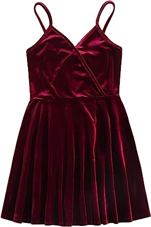 Photo 1 of -SOLY HUX Girl's Spaghetti Strap Dress Floral Print Sleeveless Summer Casual Sundress A-line Mini Dress Burgundy Velvet 10Y 