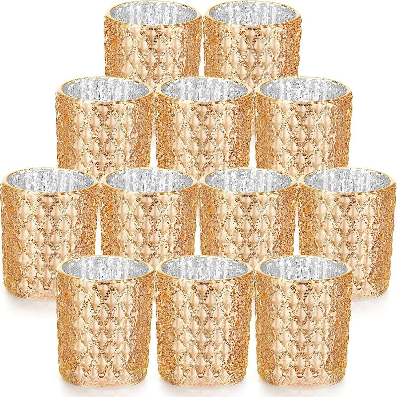 Photo 1 of 12 Pieces Votive Candle Holder Studded Glass Tealight Holders (Gold)