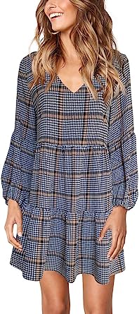 Photo 1 of Cosonsen Womens Printed Swing Shift Dress Long Sleeve V Neck Tunic Dress Size XL