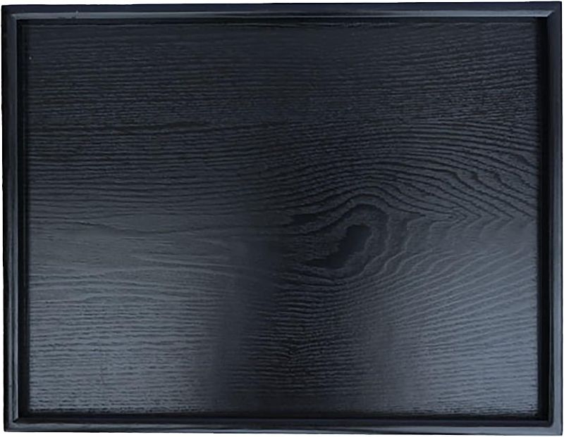 Photo 1 of 22 x 18 Inches Extra Large Solid Wood Serving Tray Tea Coffee Table Tray Snack Food Meals Serving Plate Kitchen Party Bar Server Breakfast Tray with Raised Edges Black Ottoman Tray Rectangle
