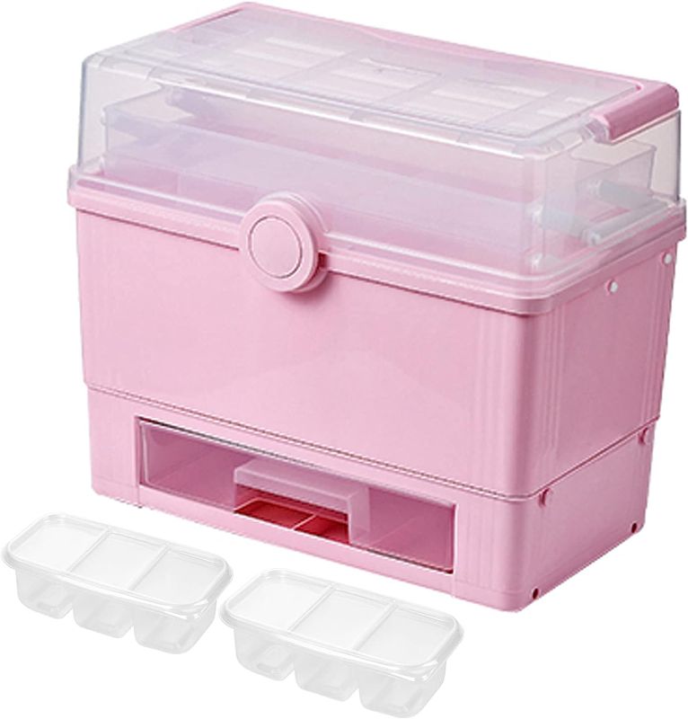 Photo 1 of  Large Plastic Storage Box with drawer, 3-Layers Handled Portable Folding Organizer (Light Pink)
