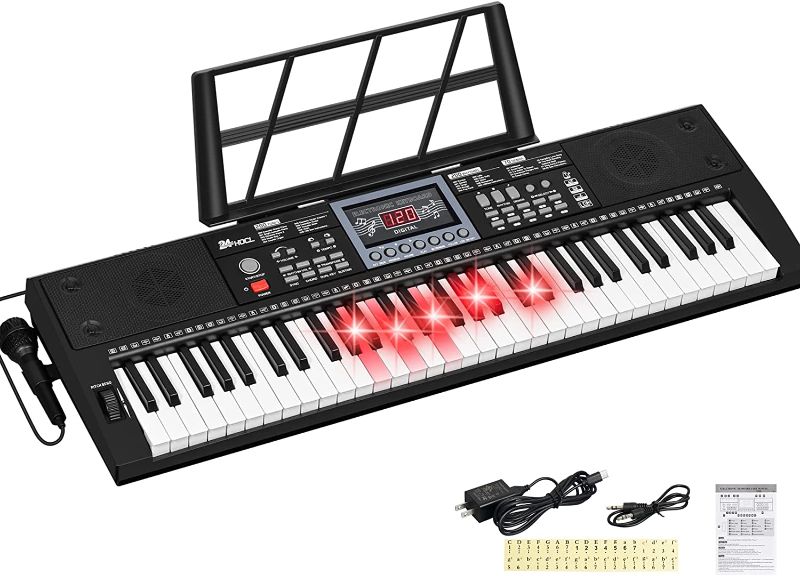 Photo 1 of 24HOCL 61 Keys Keyboard Piano Lighted Keys for Kids Teens Beginners Birthday Children's Day Best Gift, Electronic Portable Digital Music Piano with Mic, Music Stand, Powered by UL Adapter/Battery
