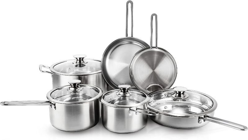 Photo 1 of 10-Piece Stainless Steel Pots and Pans Set, Kitchen Cookware Sets Nonstick, Induction Pots and Pans, Cooking Set with Glass Lids, Frying Pans & Saucepan Compatible with All Stovetops
