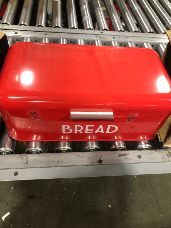 Photo 1 of Home Basics Red Bread Box | 4 Piece Glass Canister Cylinder Set with Clear Window | Cast Iron Fleur De Lis Trivet | Red | Makes a Great Gift