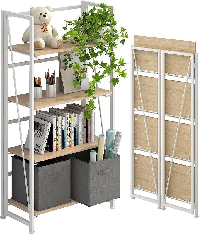 Photo 1 of 4NM No-Assembly Folding Bookshelf Storage Shelves 4 Tiers Vintage Bookcase Standing Racks Study Organizer Home Office (Natural and White)
