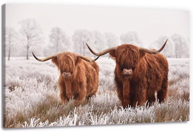 Photo 1 of AGO Highland Cow Wall Art Extra Large Brown Highland Cow Pictures Wall Decor Farmhouse Cows Prints Canvas Wall Art for Living Room Bedroom Wall Decorations Framed Ready to Hang 24"X36"