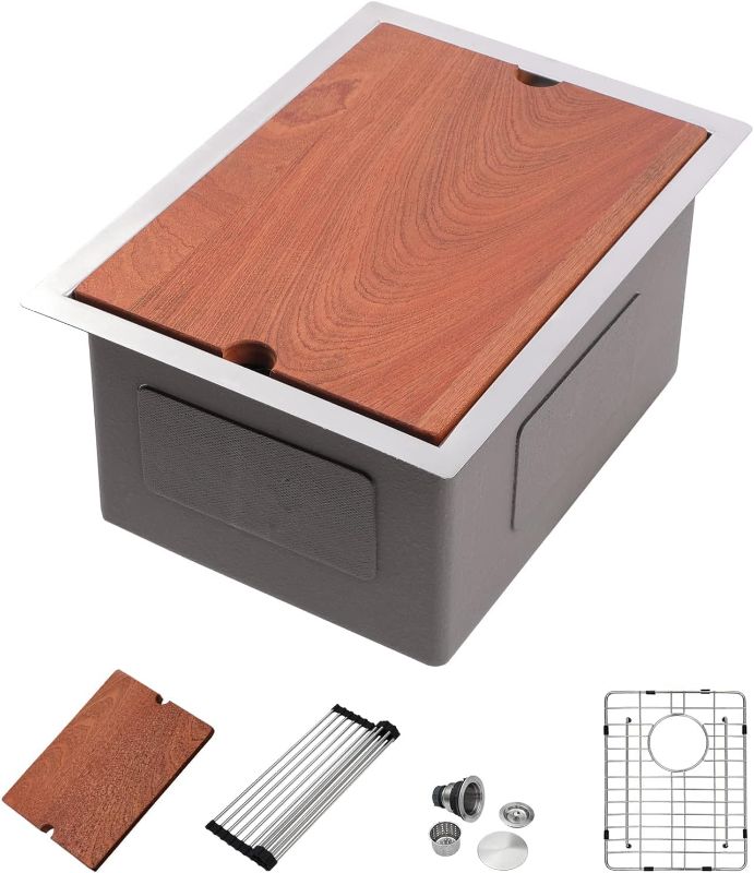 Photo 1 of 14 Undermount Bar Sink Workstation - Dcolora 14 Inch Stainless Steel Bar Prep Sink with Ledge Round Corner X Grooves Wood Cutting Board 16 Gauge Single Bowl RV Camper Kitchen Sink Basin