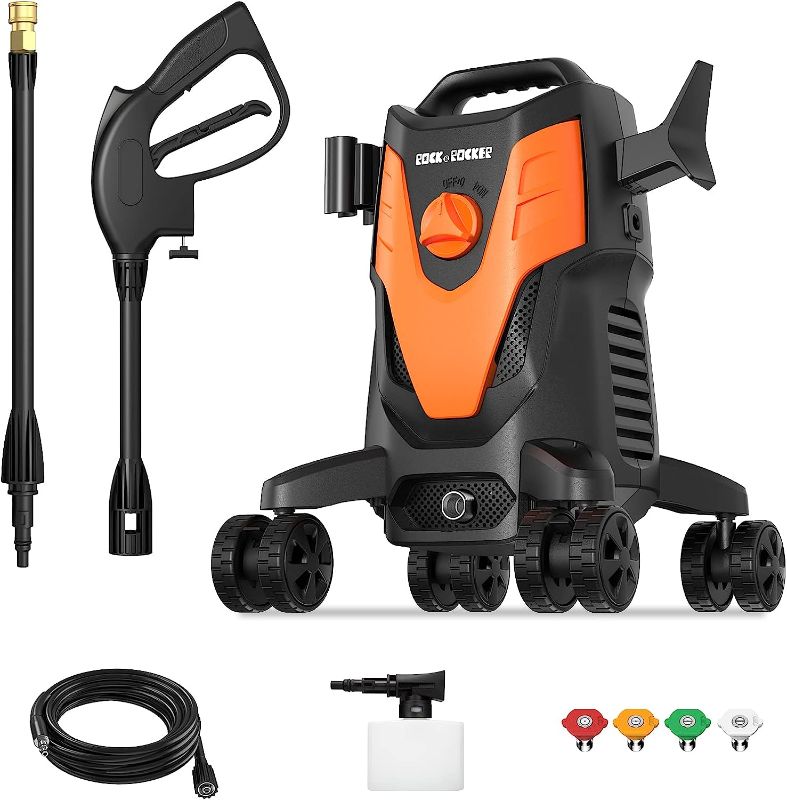 Photo 1 of (New Model) Rock&Rocker Powerful Electric Pressure Washer, 1950PSI Max 1.58 GPM Power Washer with Hose Hook, 4 Quick Connect Nozzles, Soap Tank, IPX5 Car Wash Machine for Home/Car/Driveway/Patio Clean