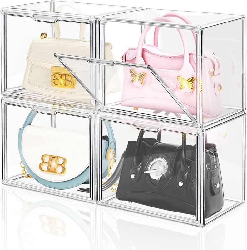 Photo 1 of 4 Packs Clear Plastic Handbag Storage Organizer for Closet, Acrylic Display Box for Handbag, Stackable Storage Boxes Bag Organizer with Magnetic Door for Purse Clutch Wallet Book Toys