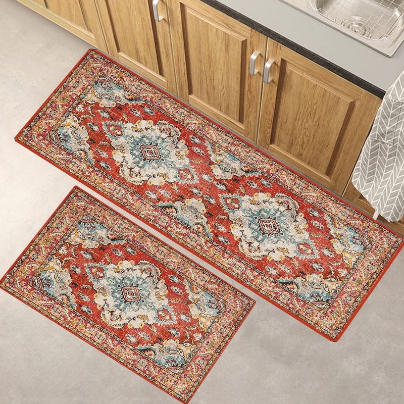 Photo 1 of 2 PCS Boho Kitchen Rug and Mat, Super Non-Slip Kichen Mats, Kitchen Rugs and mats Non Skid Washable,Bathroom mat,Bohemian Kitchen Runner Rug for Laundry Room Decor(17"x 47" and 17"x 30")
