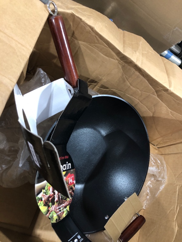 Photo 1 of 21st & Main Light Weight Cast Iron Wok, Stir Fry Pan, Wooden Handle, 14 Inch, Chef’s Pan, Pre-seasoned Nonstick, Commercial and Household, for Chine
