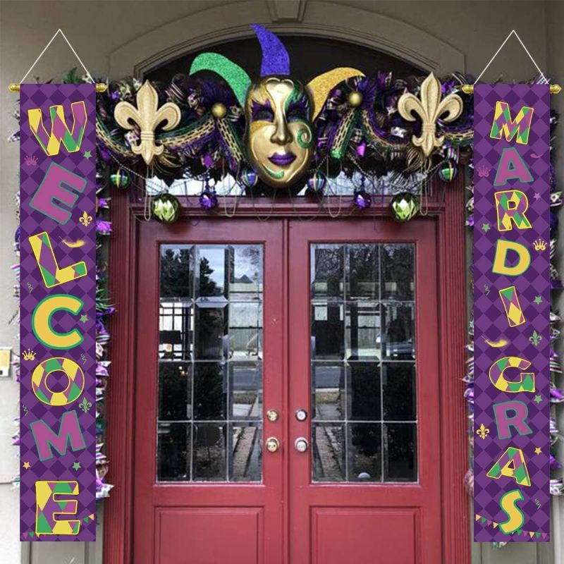 Photo 1 of Mardi Gras Party Decorations Porch Sign Hanging Backdrop Banner - Carnival Birthday Party Supplies Photo Booth Prop Masquerade Wall Decoration Indoor/Outdoor 