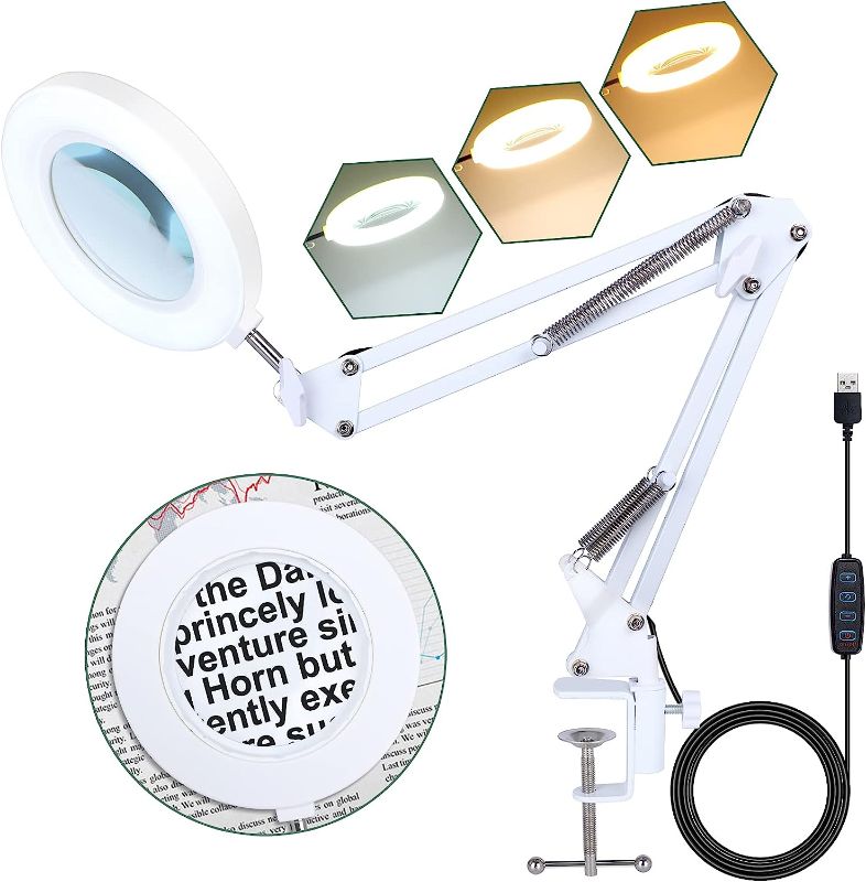 Photo 1 of Magnifying Glass with Light and Stand, 5X Magnifying Desk Lamp, 4.3" Real Glass Lens, 3 Color Modes Stepless Dimming, Magnifying Glasses for Close Work Reading Hobbies Crafts Repair 