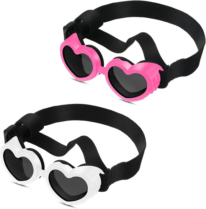 Photo 1 of 2 Pcs Small Dog Sunglasses UV Protection Goggles Waterproof Dog Goggles with Adjustable Strap Dust Protection Fog Protection Dog Glasses Heart Goggles for Dogs Doggy Pet Puppy (Pink, White)