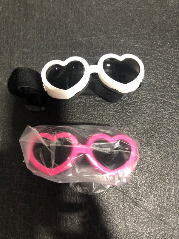 Photo 2 of 2 Pcs Small Dog Sunglasses UV Protection Goggles Waterproof Dog Goggles with Adjustable Strap Dust Protection Fog Protection Dog Glasses Heart Goggles for Dogs Doggy Pet Puppy (Pink, White)