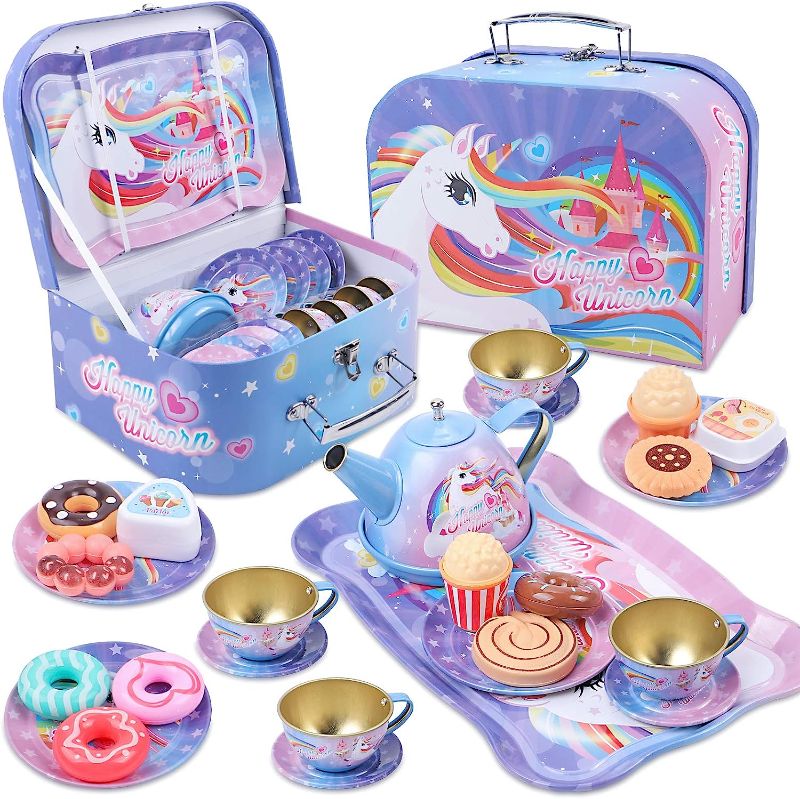 Photo 1 of 27Pcs Kids Tea Party Set for Little Girls Unicorn Gift Pretend Toy Tin Tea Set & Carrying Case & Food Sweet Treats Playset, Princess Tea Time Kitchen Pretend Play Tea Set Toys