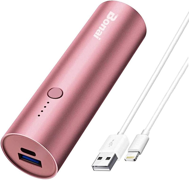 Photo 1 of BONAI Portable Charger iPhone 5000mAh Power Bank Cylindrical Ultra-Compact External Backup Battery Compatible with iPhone 13 12 iPad iPod Samsung Tablets - Rose Gold (with an 8-pin Charging Cable)