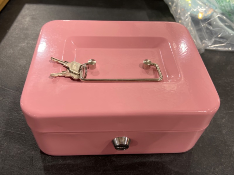 Photo 2 of Kyodoled Medium Cash Box with Money Tray,Small Safe Lock Box with Key, Drawer,Pink Medium Pink