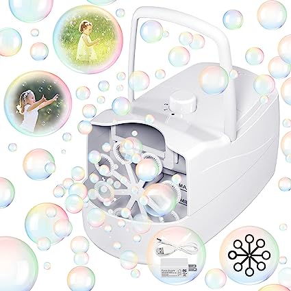 Photo 1 of Bubble Machine Automatic Bubble Blower, 10000+ Bubbles Per Minute with 2 Speeds, 8 Wands Bubble Maker, Plug-in or Batteries Bubbles Summer Toys for Outdoor Indoor Party Birthday (White)