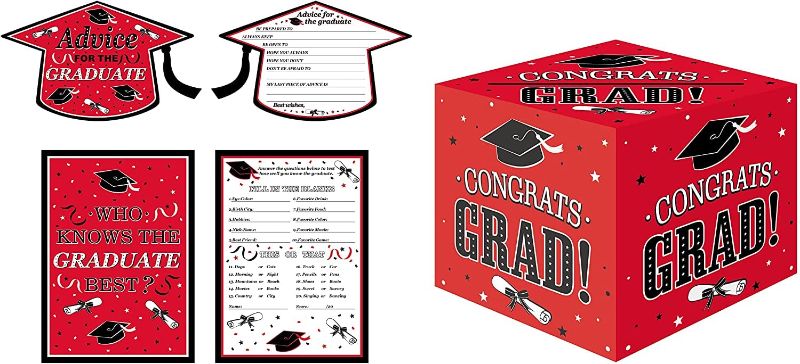 Photo 1 of Oojami 3-in-1 Graduation Party Decorations Box Card Box Includes Advice cards and Graduation Party Game Cards - Who Knows The Graduate Best Ideal for 2023 Graduate Supplies (Red)