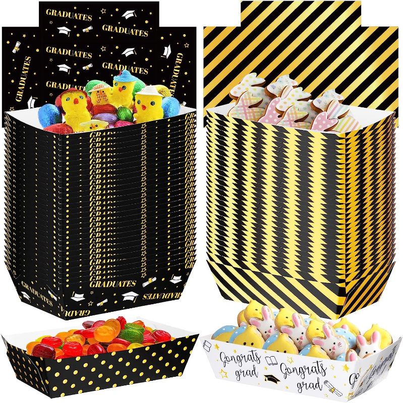 Photo 1 of 100 Pack Graduation Party Supplies Paper Food Trays Snack Trays Congrats Grad Nacho Trays Graduates Black Gold Disposable Serving Trays for Graduation Party Decorations