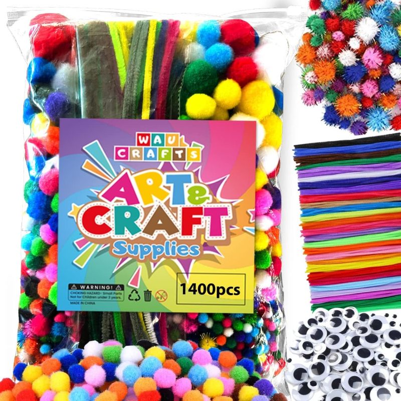 Photo 1 of Crafts 1400PCs Mega Pack - 1200 Assorted Pompoms for Crafts with 100 Googly Eyes and 100 Pipe Cleaners for Arts and Crafts DIY Pom Poms Projects 