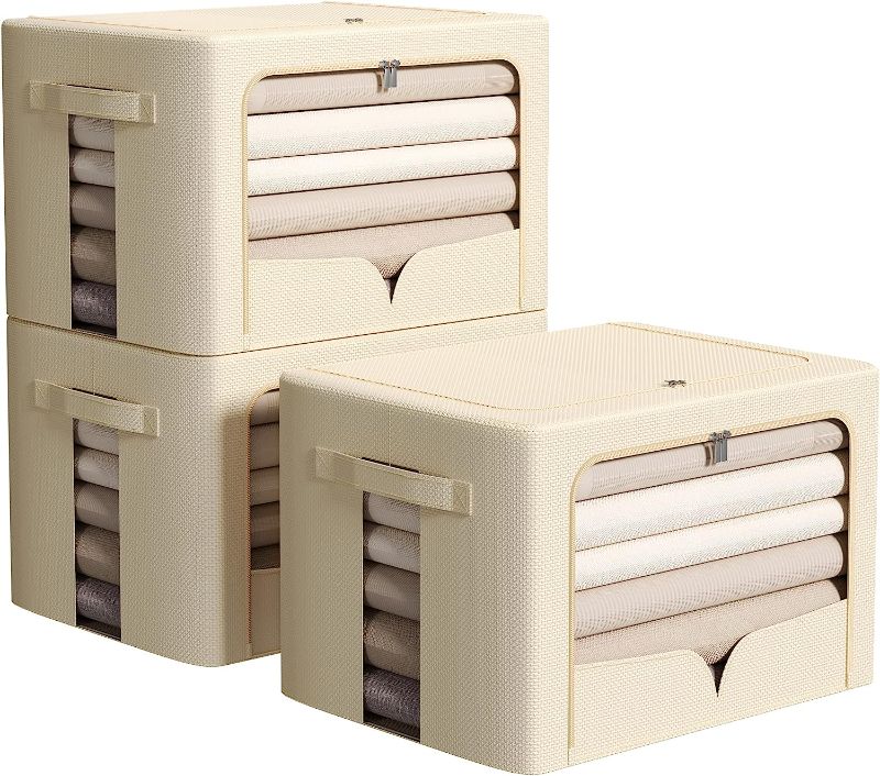 Photo 1 of 3 Pack Clothes Storage Organizer Bins - Foldable Metal Frame Storage Bins Stackable Oxford Cloth Fabric Container Organizer Set with Carrying Handles and Clear Window (Extra Large-100L, Beige) 