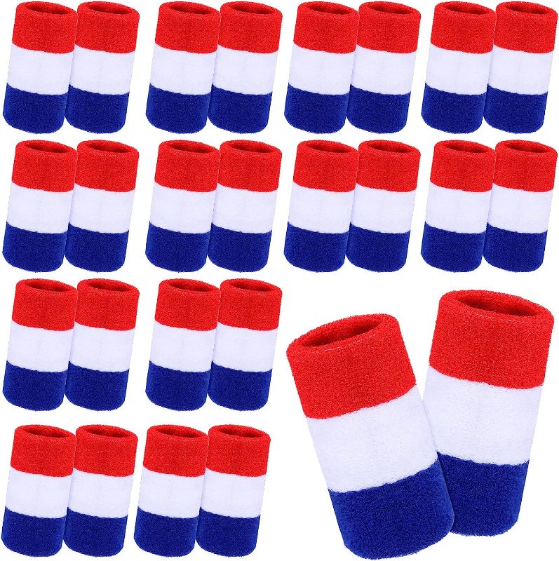 Photo 1 of 24 Pcs Striped Sweatbands Red White and Blue Wristbands Sports Cotton Wrist Band American Flag Sweat Band for Men Women, Ideal for Tennis, Basketball, Running, Gym, Working Out