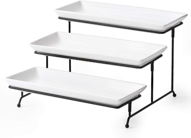 Photo 1 of 3 Tier Serving Stand Tiered Serving Stand With 3 Porcelain Serving Platters Trays For Dessert Server Display Collapsible Sturdier Metal Rack Large size 14 inch 