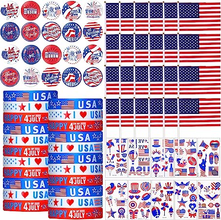 Photo 1 of 70Pcs Patriotic Party Favors, 4th/Fourth of July Accessories Bulk Red White Blue Silicone Bracelet USAFlag Button Badges Pins for Independence Day Decor Stuffers Fillers Gifts School Supplies 